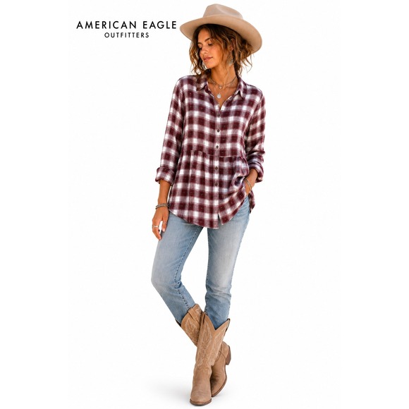 American Eagle Outfitters Tops - American Eagle Plaid Babydoll Tunic Flannel Top Boho Western
